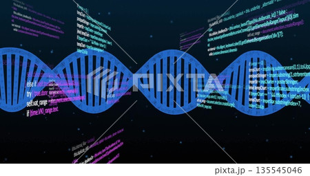 Showing blue DNA helix floating in abstract digital environment, with code snippets and particles Showing blue DNA helix floating in abstract digital environment, with code snippets and particles 135545046