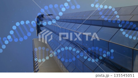 Soaring glass skyscraper rising skyward on city street, with DNA double helix overlay Soaring glass skyscraper rising skyward on city street, with DNA double helix overlay 135545051