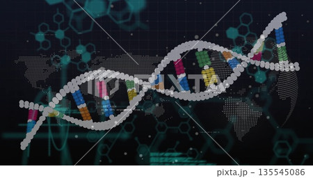 Displaying DNA double helix twisting in virtual lab, with world map overlay and data streams Displaying DNA double helix twisting in virtual lab, with world map overlay and data streams 135545086