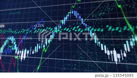 Showing blue candlesticks on white grid with green trend line, dotted markers and percentages Showing blue candlesticks on white grid with green trend line, dotted markers and percentages 135545095