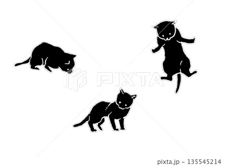 ゆるい黒猫の線画イラスト 3ポーズセット（手描き） 135545214