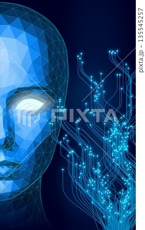 Abstract Polygonal AI Face with Glowing Eyes and Neural Circuit Lines in Futuristic Blue Wireframe Style 135545257