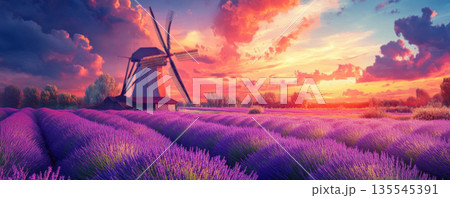 Serene Windmill in Lavender Field at Sunset Banner 135545391