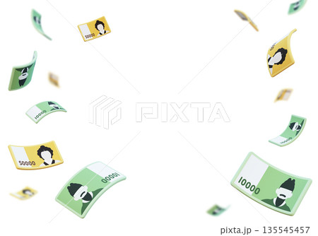 Flying Korean 50,000 and 10,000 Won Bills in the Air, 3D Illustration of Falling Money Flying Korean 50,000 and 10,000 Won Bills in the Air, 3D Illustration of Falling Money 135545457