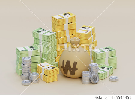 3D Render of Stacks of Korean Won Banknotes with Traditional Lucky Money Bags 135545459