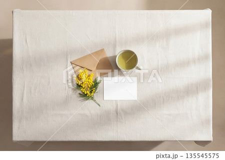 International Women's Day Minimal Still Life with Mimosa and Greeting Card 135545575