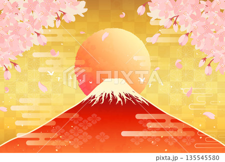 桜と赤富士と日の出のイラスト_横1 桜と赤富士と日の出のイラスト_横1 135545580