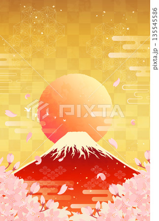 桜と赤富士と日の出のイラスト_縦3 135545586