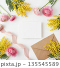 Floral Background with Mimosa and Pink Flowers 135545589