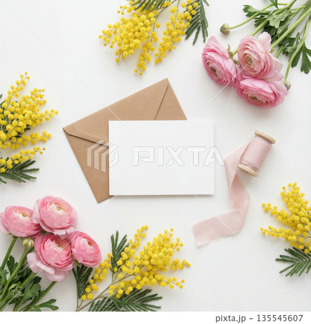 Floral Background with Mimosa and Pink Flowers 135545607