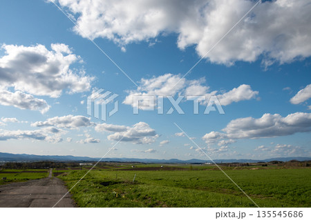 飛行場のある牧草畑と農村の道路 135545686