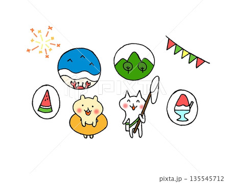 かわいい動物の夏休みのイラスト かわいい動物の夏休みのイラスト 135545712