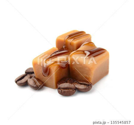 Caramel candy with coffee bean on white backgrounds 135545857