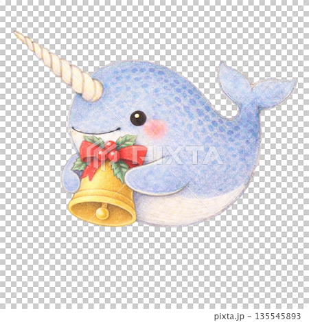 【クリスマス】色鉛筆風のベルを抱くイッカクのイラスト 135545893