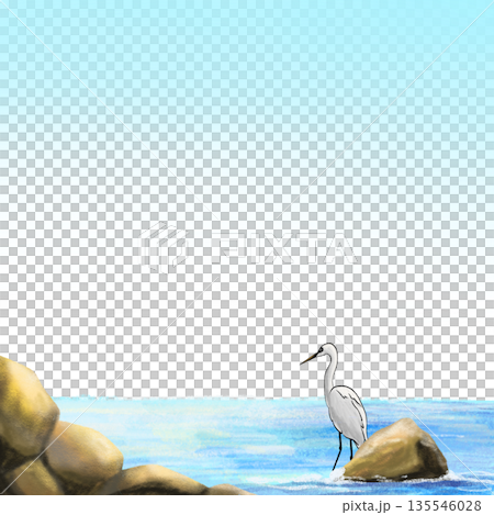 Egret stands beside the calm sea and rock background illustration 135546028