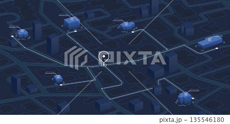 Isometric delivery route map with time estimates and urban layout. Urban Delivery Route Tracking on 3D GPS Navigation Map. Logistic management, or supply chain visualization. Vector illustration Isometric delivery route map with time estimates and urban layout. Urban Delivery Route Tracking on 3D GPS Navigation Map. Logistic management, or supply chain visualization. Vector illustration 135546180