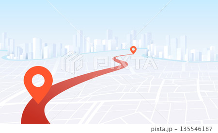 GPS Navigation Concept. Route on the map to pin in city street map. Red navigation path and destination pins. Vector illustration GPS Navigation Concept. Route on the map to pin in city street map. Red navigation path and destination pins. Vector illustration 135546187