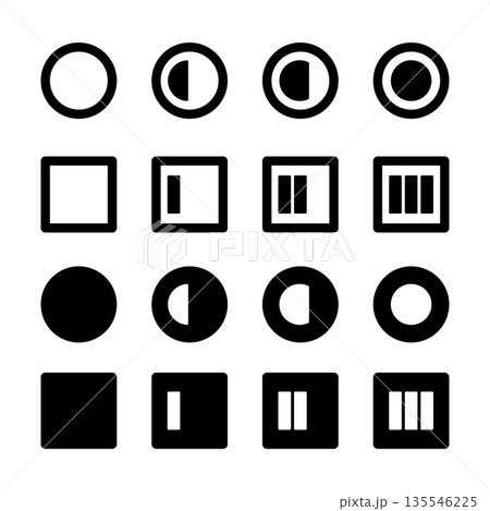 作業進捗を示すシンプルな円形と四角のアイコンセット 作業進捗を示すシンプルな円形と四角のアイコンセット 135546225