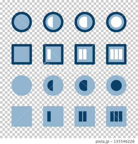 作業進捗を示すシンプルな円形と四角のアイコンセット 作業進捗を示すシンプルな円形と四角のアイコンセット 135546226