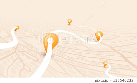 Map navigation. Route planning, location tracking. Abstract city map with GPS pin. Perspective cityscape navigation. Urban streets with marked path. Vector illustration Map navigation. Route planning, location tracking. Abstract city map with GPS pin. Perspective cityscape navigation. Urban streets with marked path. Vector illustration 135546232