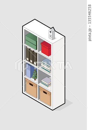 Isometric shelves with books and objects decoration. 135546258