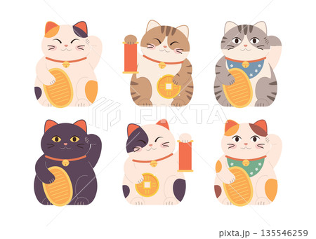 Japanese lucky Maneki neko cats set vector illustration Japanese lucky Maneki neko cats set vector illustration 135546259