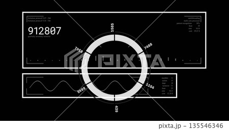 Showing segmented donut chart on black UI with numeric readout 912807, graph and system specs table 135546346
