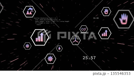 Hexagon with ascending bar chart gliding in data tunnel, with JavaScript snippet and numeric labels Hexagon with ascending bar chart gliding in data tunnel, with JavaScript snippet and numeric labels 135546353