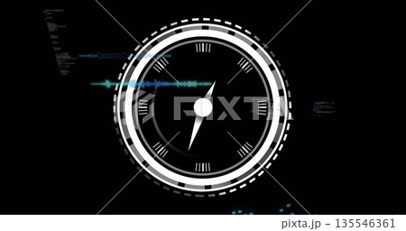 Displaying central circular gauge rotating in virtual dashboard, with blue waveform, code text Displaying central circular gauge rotating in virtual dashboard, with blue waveform, code text 135546361