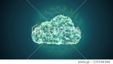 Floating stylized neon green network cloud in abstract digital scene, with faint wireframe globe 135546366