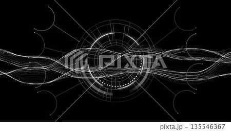 Concentric digital interface pulsing in void, with dotted waves, grid lines and arc connectors 135546367