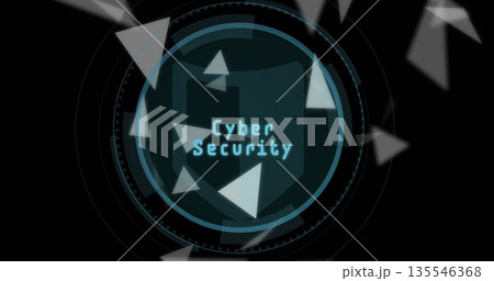 Presenting central shield icon on interface featuring floating triangles and Cyber Security text 135546368