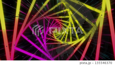 Twisting neon spiral of magenta yellow bars spinning in virtual void, with dot grids, binary digits 135546370