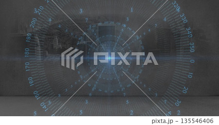 Projecting blue holographic circular interface floating in industrial lab, with degree markers Projecting blue holographic circular interface floating in industrial lab, with degree markers 135546406