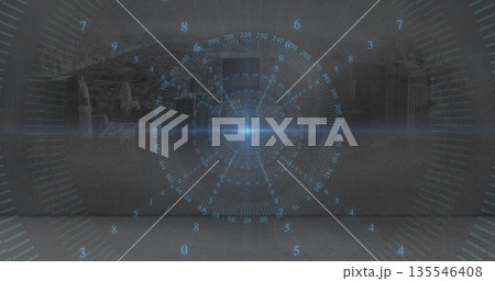 Projecting HUD overlay over foggy skyline with concentric grid radial lines and blue flare Projecting HUD overlay over foggy skyline with concentric grid radial lines and blue flare 135546408