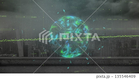 Floating holographic globe showing green facets on rooftop ledge, with data points and overlays 135546409
