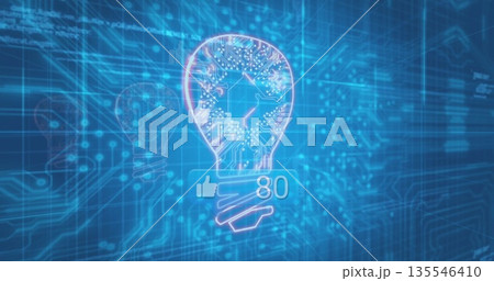 Showing glowing light bulb icon and faint outline on circuit board grid with thumbs-up count 80 135546410