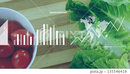 Displaying bowl of red cherry tomatoes with lettuce and chart overlay on cutting board, copy space 135546419