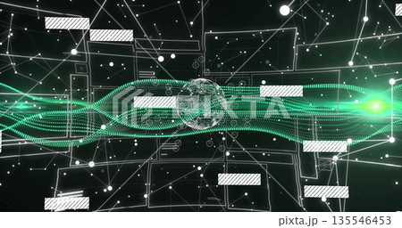 Displaying translucent orb sending green streams at interface, white particles and network grid Displaying translucent orb sending green streams at interface, white particles and network grid 135546453