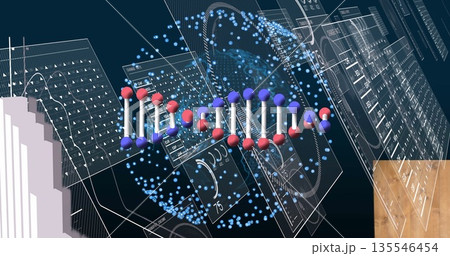 Floating DNA double helix rotating in holographic interface, with data panels, blue particles 135546454