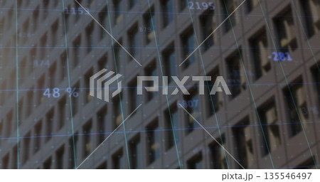 Displaying high-rise windows with overlaid blue grid and floating data points at urban exterior 135546497