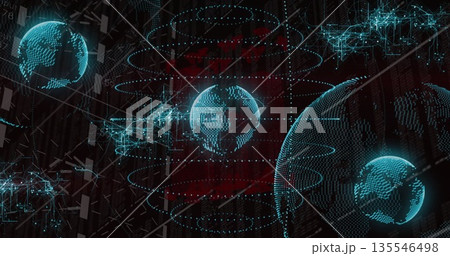 Floating blue holographic Earth over red matrix with orbital rings and data nodes, copy space 135546498