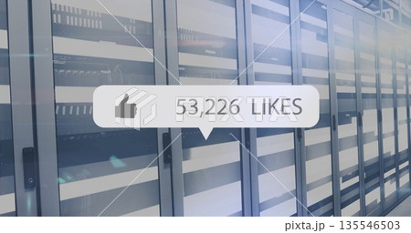 Displaying overlay showing "53,226 LIKES" with thumbs up icon in data center corridor, server racks Displaying overlay showing "53,226 LIKES" with thumbs up icon in data center corridor, server racks 135546503