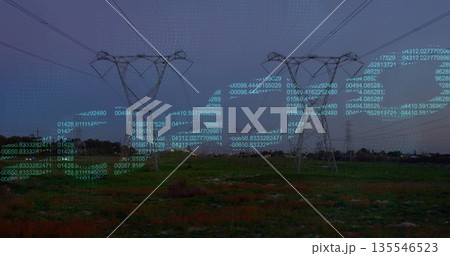 Showing two lattice towers carrying power lines over grassy field at dusk, with data overlays Showing two lattice towers carrying power lines over grassy field at dusk, with data overlays 135546523