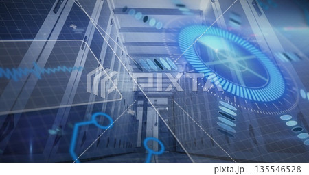 Glowing HUD overlays floating above server rack cabinets at data center corridor, with grid lines 135546528