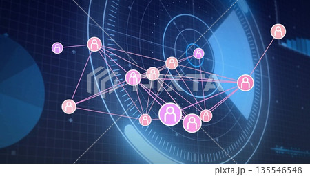 Visualizing network graph showing glowing avatar icons in dashboard, with connecting lines 135546548