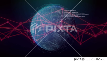 Hovering digital Earth globe with translucent wireframe mesh and magenta network web in cyberspace 135546572