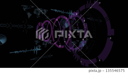 Displaying purple concentric ring array floating on dark screen, with world map and blue waveforms 135546575