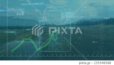 Displaying transparent circuit padlock icon glowing in grassy field, with green key graphic overlay Displaying transparent circuit padlock icon glowing in grassy field, with green key graphic overlay 135546586