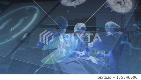 Operating surgical team wearing blue gowns operating on patient in operating room, with HUD overlay Operating surgical team wearing blue gowns operating on patient in operating room, with HUD overlay 135546606